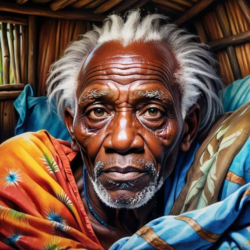 Prompt: A portrait of a beautiful African old man laying ill on a bed in a hut sorounded by witchdoctors, painted with vibrant colors by Drew Brophy that effortlessly captures the deep beauty of his eyes and hair in a flawless display of watercolor, 4K HD, featured in WatercolorArs Magazine."