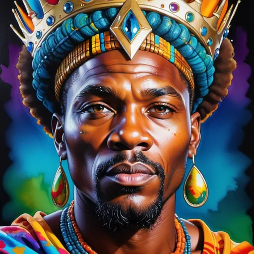 Prompt: A portrait of a beautiful African king, painted with vibrant colors by Drew Brophy that effortlessly captures the deep beauty of his eyes and hair and crown in a flawless display of watercolor, 4K HD, featured in WatercolorArs Magazine."