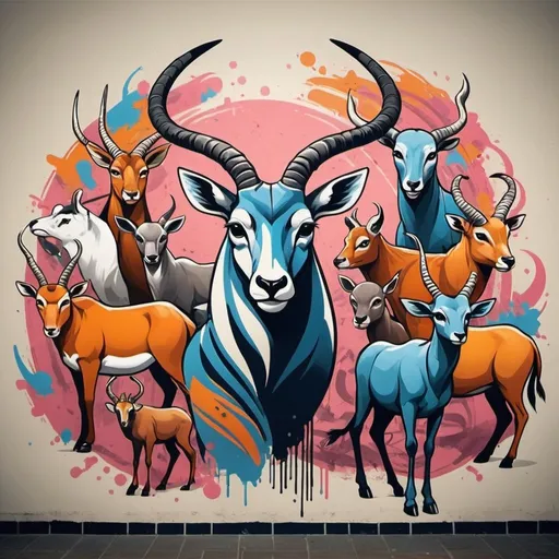 Prompt: We want to create a graffiti style wall mural in our school which incorporates our House Icons. I have attached the icons and images of falcon ,bull, gazelle oryx which reflect the style/design we are looking for. The icons are for inspiration and to know what the animals are to base the illustration. The design should bring the animals to life.  The animals should look like they have attitude and the representative animals together should be integrated as a reflection of competition and teamwork  The illustration should be designed to fit the wall dimensions given in the image below. The illustration should inspire and energise students and instill a sense of pride

Elegant

Bold
Playful

Serious
Traditional

Modern
Personable

Professional
Feminine

Masculine
Colorful

Conservative
Economical

Upmarket

Requirements
Must have
* Illustration of the animals into a holistic integrated image. Graffiti style.
These are my client requirements create all images with all above instructions We want to create a graffiti style wall mural in our school which incorporates our House Icons. I have attached the icons and images of falcon ,bull, gazelle oryx which reflect the style/design we are looking for. The icons are for inspiration and to know what the animals are to base the illustration. The design should bring the animals to life.  The animals should look like they have attitude and the representative animals together should be integrated as a reflection of competition and teamwork  The illustration should be designed to fit the wall dimensions given in the image below. The illustration should inspire and energise students and instill a sense of pride

Elegant

Bold
Playful

Serious
Traditional

Modern
Personable

Professional
Feminine

Masculine
Colorful

Conservative
Economical

Upmarket

Requirements
Must have
* Illustration of the animals into a holistic integrated image. Graffiti style.
These are my client requirements create all images with all above instructions 