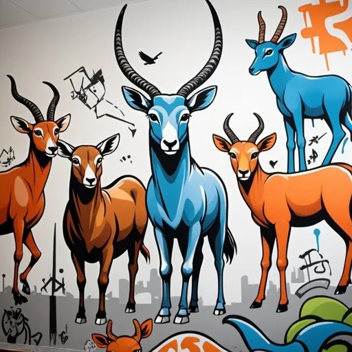 Prompt: For students 
Students aged 10-18
create a graffiti style wall mural in our school which incorporates our House Icons. These  icons and images of falcon ,bull, gazelle oryx and borcelle should be clear. which reflect the style/design we are looking for.

 The icons are for inspiration and to know what the animals are to base the illustration. The design should bring the animals to life.  The animals should look like they have attitude and the representative animals together should be integrated as a reflection of competition and teamwork  The illustration should be designed to fit the wall dimensions given in the image below. The illustration should inspire and energise students and instill a sense of pride

Elegant

Bold
Playful

Serious
Traditional

Modern
Personable

Professional
Feminine

Masculine
Colorful

Conservative
Economical













* Illustration of the animals into a holistic integrated image. Graffiti style.
These are my client requirements create all images with all above instructions 


‎