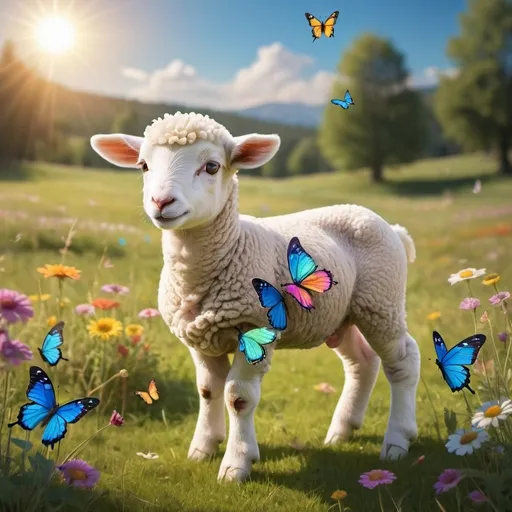 Prompt: Luna, the lamb, standing in a sunlit meadow, with colorful butterflies fluttering around her, conveying a sense of wonder and adventure.