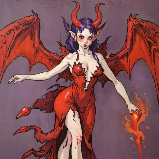 Prompt: Elegant succubus woman with demon wings, purple skin, fiery red eyes, red flirty dress, 1600 oil painting portrait, high quality, detailed, demon wings, purple skin, fiery red eyes, oil painting, demonic dress, vintage