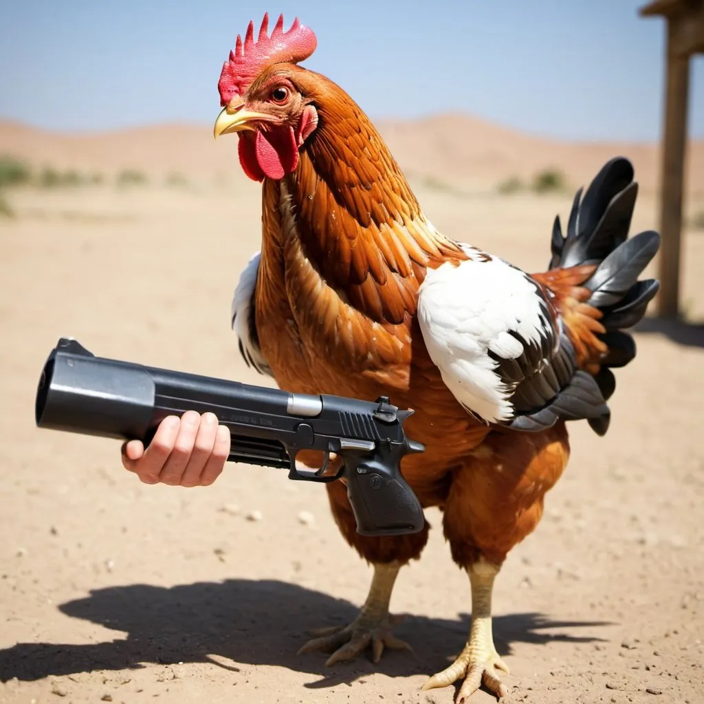 Prompt: e.g a chicken shot a mean farmer whit a desert eagle