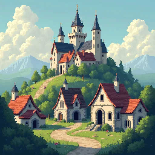 Prompt: 2d pixel art medieval city with few houses a church and a castle in the background