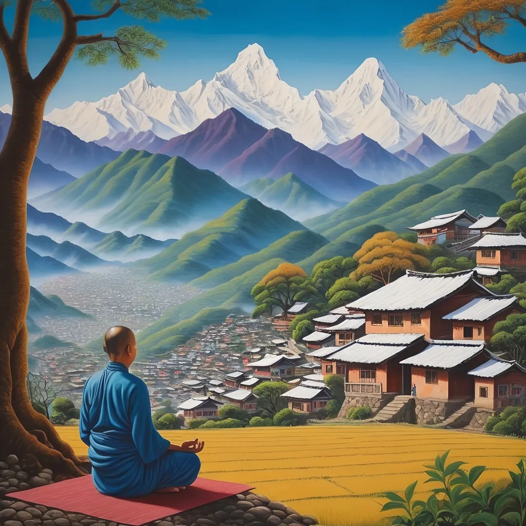 Prompt: a painting of a village in the mountains with snow capped mountains in the background and a man meditation in the foreground,  naive art, detailed painting, a detailed matte painting, Houses like Buddhist Pople meditative under Big tree doing yoga ancient people nepalese