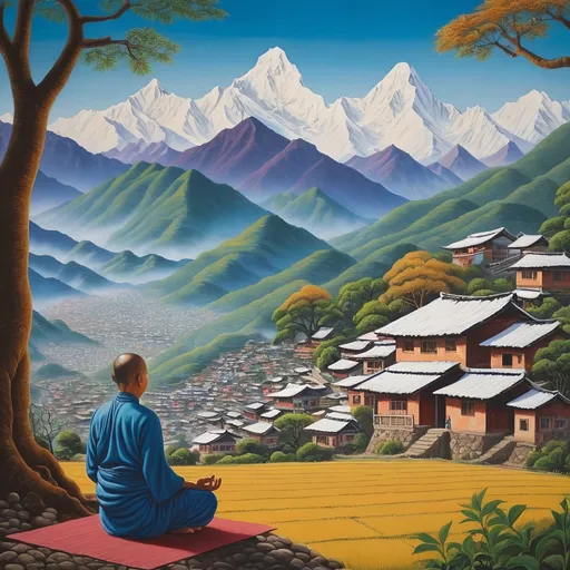 Prompt: a painting of a village in the mountains with snow capped mountains in the background and a man meditation in the foreground,  naive art, detailed painting, a detailed matte painting, Houses like Buddhist Pople meditative under Big tree doing yoga ancient people nepalese