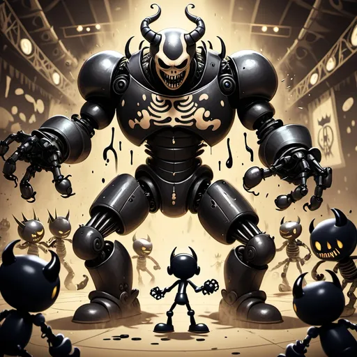 Prompt: The ink demon, bendy, is fighting The robotic king in a arena. The ink demon Is tall and monstrous with a head that looks like a bitten cookie covered fully in ink. His body is  buff and covered fully in ink and a odor of rotten blood. Next to the ink demon is his inky army fighting against him. The robotic king is a young but medium size human with a robot in him. He is very powerful and he has a sword that is filled with rainbow ink that makes it power defined. He is fighting the ink demon with his friends from other dimensions like hazbin hotel, fnaf, ect. 