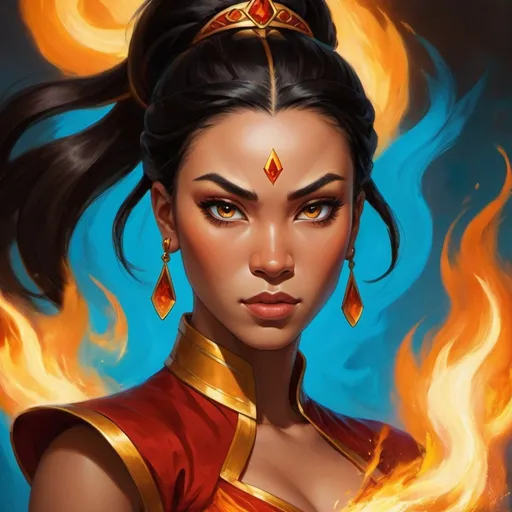 Prompt: Azula and Princess Jasmine fusion with brown skin, Azula's intense golden eyes, fiery attitude, oil painting, rendering, vivid and dramatic lightining, regal and powerful stance, detailed and vivid expressions, powerful and fiery, vibrant and intense color palette, fantasy, royalty, confident and fierce, with blue fire