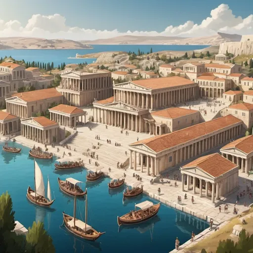 Prompt: kingdom with Ancient Greece architecture. A lot of different building. A lake. Boats. Lots of people. 