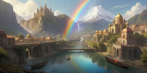 Prompt: a fantasy city with a mountain and a river in the foreground and a rainbow in the background, with a rainbow in the sky, Craig Mullins, fantasy art, elysium, a detailed matte painting. Palaces. Statues. Kingdom. People. Boats. Realistic. Thriving kingdom