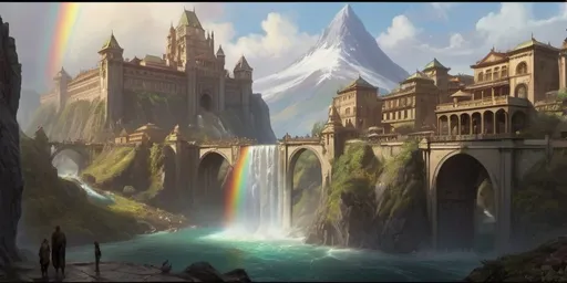Prompt: a fantasy city with a mountain and a river in the foreground and a rainbow in the background, with a rainbow in the sky, Craig Mullins, fantasy art, elysium, a detailed matte painting. Palaces. Statues. Kingdom. People. Boats. Realistic 