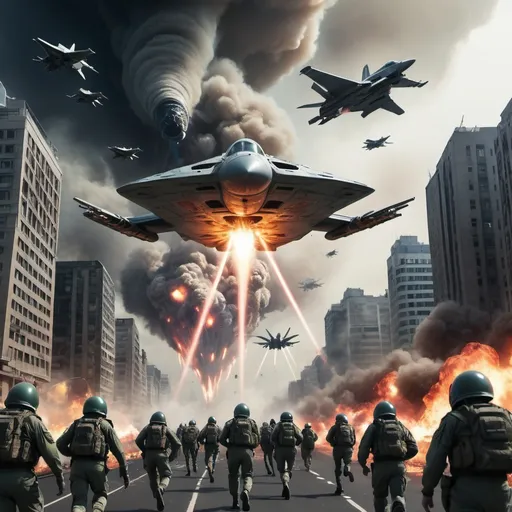 Prompt: Alien attack, to a cities. People running. Chaos. Fire. Lasers. Alien ship. Fighter jet. Military. Soldiers