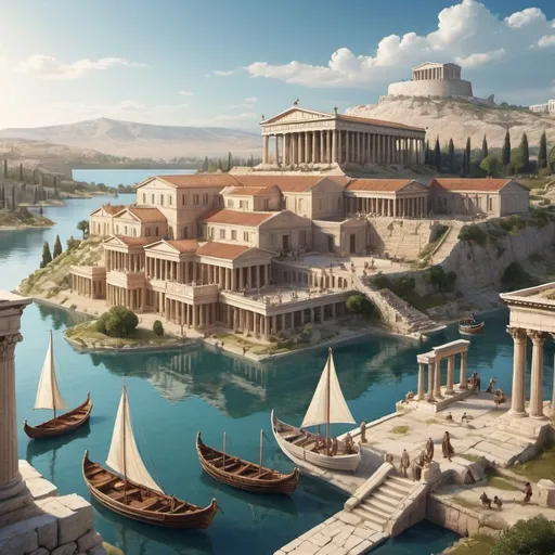 Prompt: kingdom with Ancient Greece architecture. A lot of building. A lake. Boats.