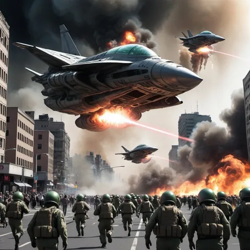 Prompt: Alien attack, to a cities. People running. Chaos. Fire. Lasers. Alien ship. Fighter jet. Military. Soldiers