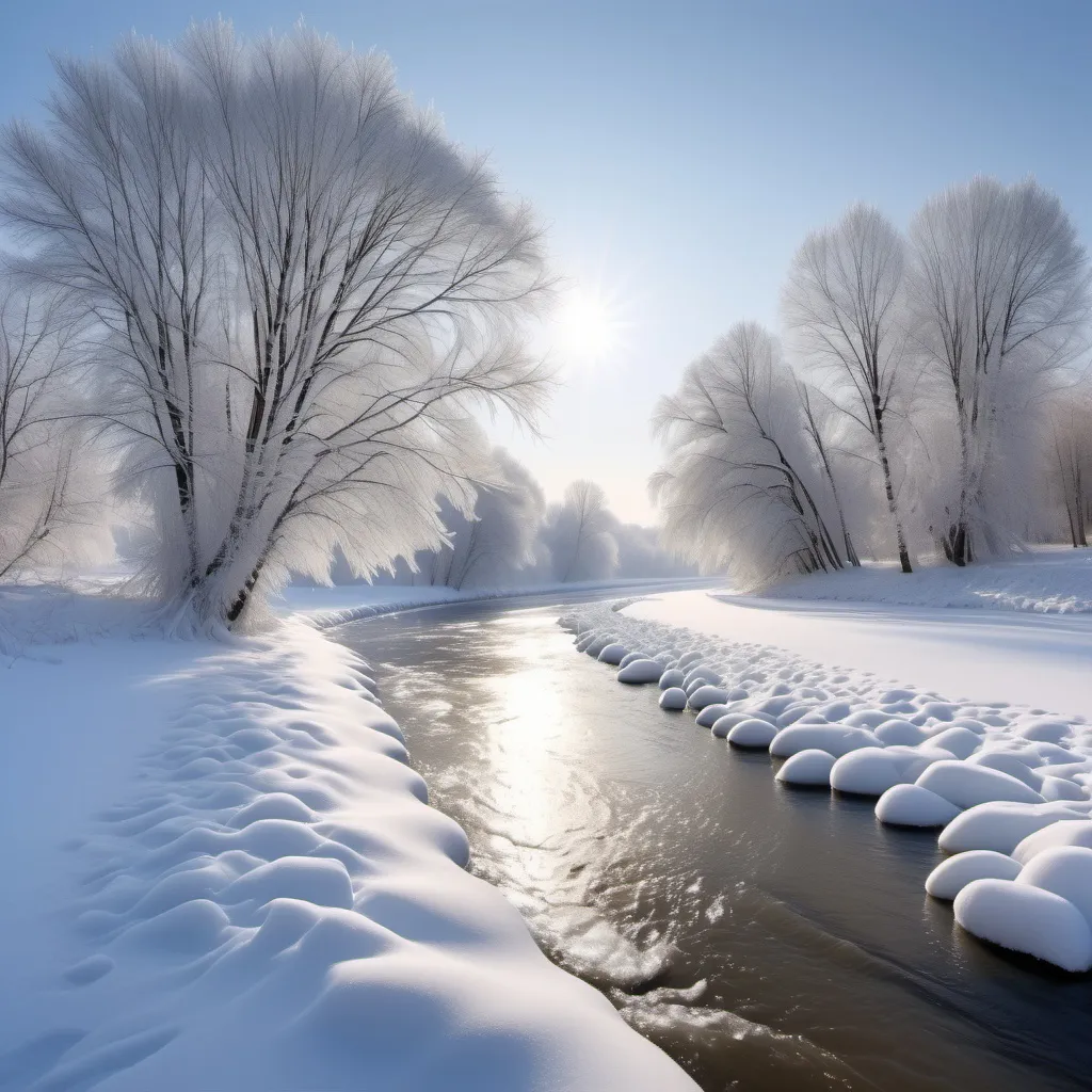 Prompt: snow-covered river, (tranquil) scene, frozen banks, fresh white snow, glistening sunlight on the ice, (serene) winter landscape, soft blue sky, gentle chilly breeze, snow-laden trees lining the river, (high detail) photography, (crisp) atmosphere, peaceful ambiance, (ultra-detailed), 4K quality