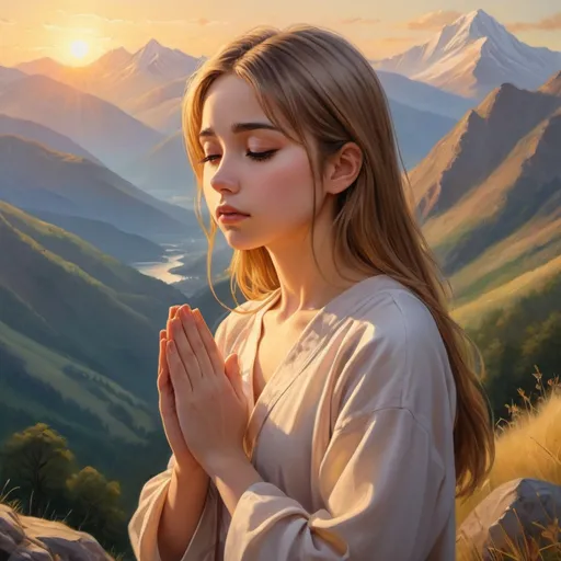Prompt: Girl anime praying in serene mountain landscape, oil painting, golden hour lighting, detailed facial features, vibrant colors, high definition, realistic, peaceful atmosphere, majestic mountains, serene environment, spiritual connection, calm and warm tones, realistic oil painting, golden hour lighting, detailed facial featur