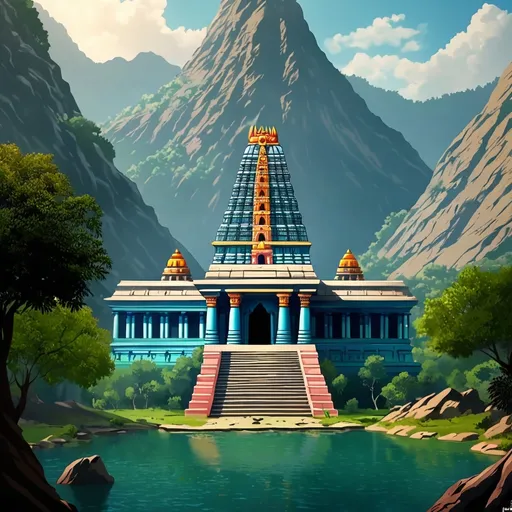 Prompt: A hidden temple of Lord vishnu, deep in mountain, cinematic view 
