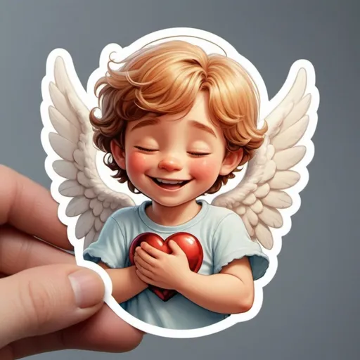 Prompt: Beautiful laughing romantic angel boy gently hugs heart, in Disney Pixar style. sticker