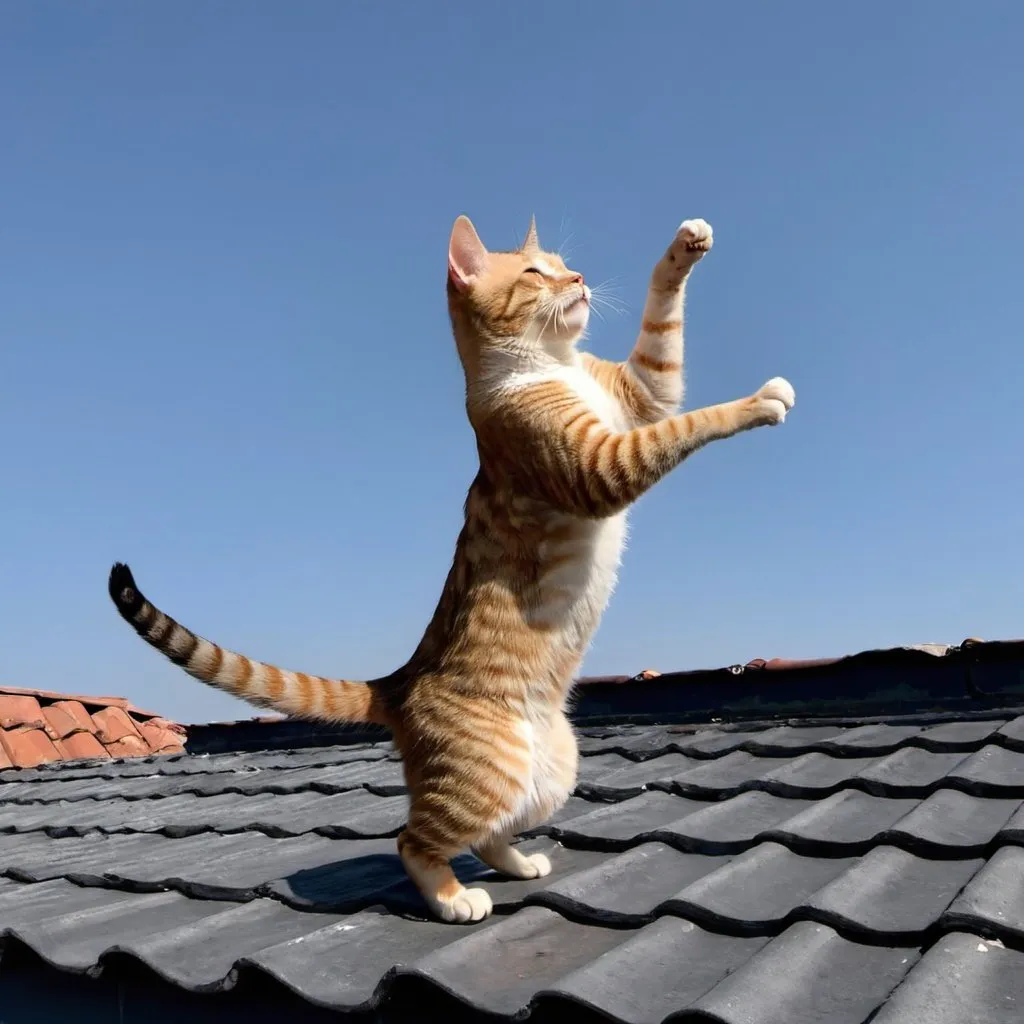 Prompt: cat dancing on a roof