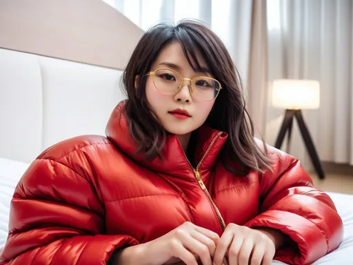 Prompt: Wearing a red cotton-padded jacket, shawl and short hair, female, about 30 years old, with gold-rimmed glasses. Kneel on the bed，Asian