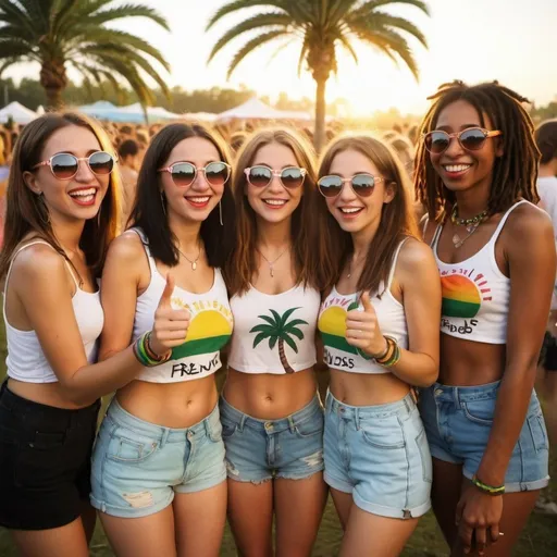 Prompt: Summer festival reggae sunrise palm tree friends girl party