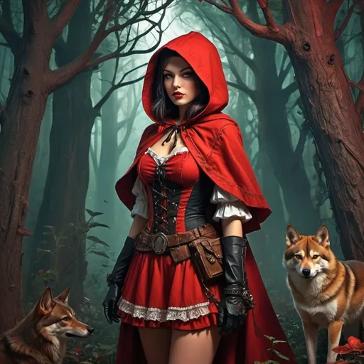 Prompt: Adult little red riding hood as a bounty hunter in an enchanted forest intricately detailed warm colors digital art fantastical ethereal twilight steampunk fantasy dark fantasy 