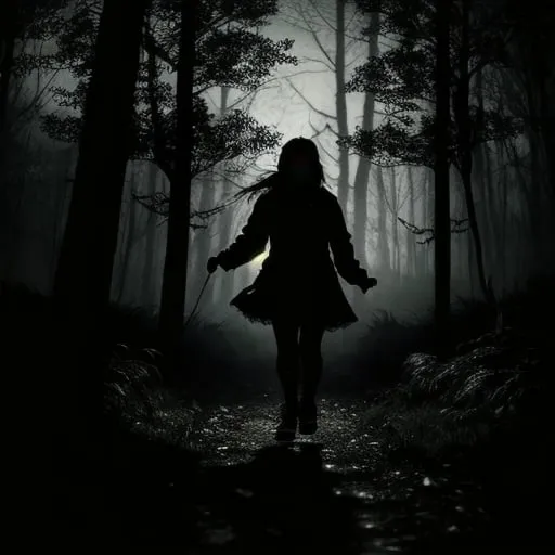 Prompt: Terrified girl running through dark woods, black blood splattered on her face, hair snagging on tree branches, monster chasing her, nightmare, night scene, high contrast, intense shadows, horror, detailed facial expression, desperate, fear, realistic, dark and eerie, atmospheric lighting, chilling