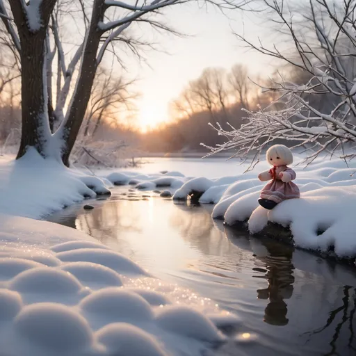 Prompt: Image of a calm river at sunrise, with a small doll partially lying in the water near the river's edge, surrounded by tree branches falling in the snow.