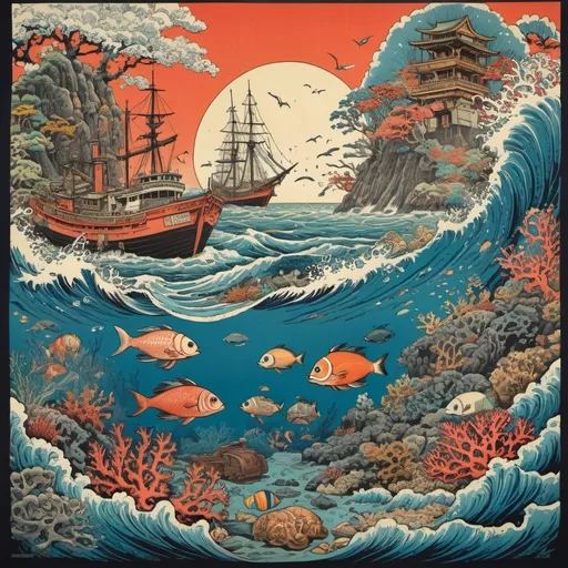 Prompt: "INTRICATE CARTOONISH 1930'S JAPANESE WOODBLOCK ART SHOWING THE OCEAN BED" USE THIS AS THE BASE STYLE . ON THE BED ARE ARTIFACTS AND SHIPWRECKS SURROUNDED BY CORALS.THE OCEAN BED IS OF THE INDIAN OCEAN. MAKE A POSTER