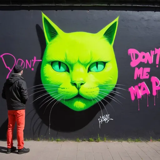 Prompt: 
human with fluoro green cat head, urban space wall written graffiti I DON'T PAINT ME