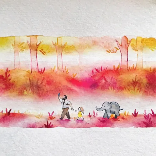 Prompt: A man, an elephant and a little girl are walking towards a colorful forest where adventures wait