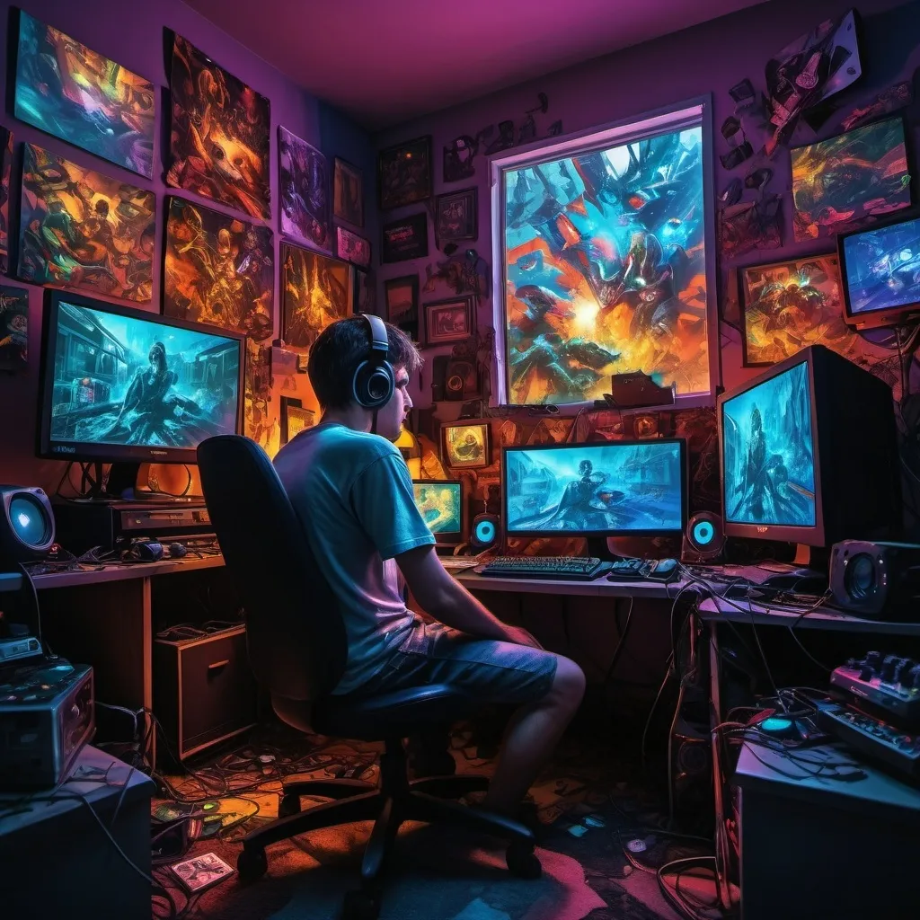 Prompt: Schizophrenia PC Gamer shooting monitor
