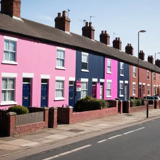 Prompt: Uk street with row of houses with For Sale advert boards up outside, navy and pink in colour. with for sale signs outside

