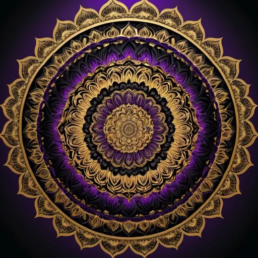 Prompt: Shiny wallpaper for website, a mandala that is 70 percent black, 20 percent gold, 10 percent purple. Sharp and complex.