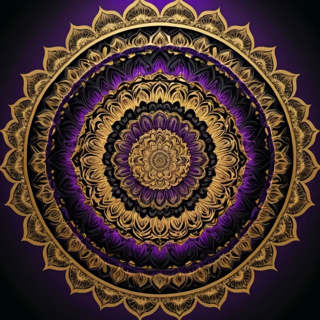 Prompt: Shiny wallpaper for website, a mandala that is 70 percent black, 20 percent gold, 10 percent purple. Sharp and complex.