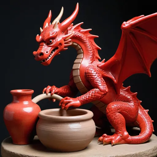 Prompt: Red dragon using a pottery wheel