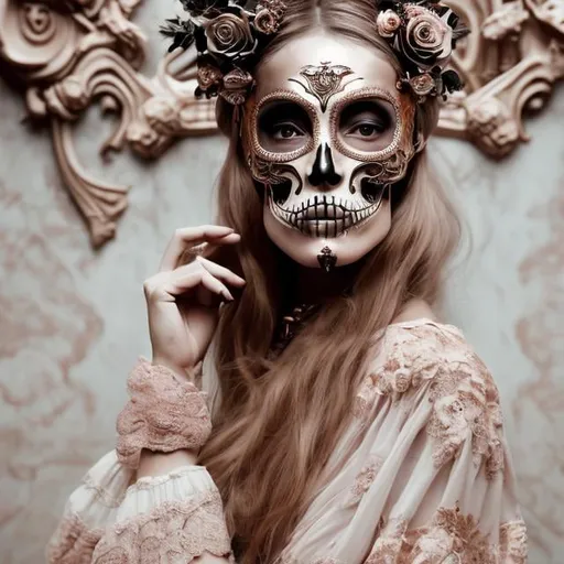 Prompt: photo portrait of a woman wearing a skull and bone mask, in the style of rose gold and white, looking at camera, frontal vogue style, dreamy symbolism, celestialpunk, baroque-inspired details, tan skin, fashion editorial, canon 50mm 1.2L, ultra details --ar 4:5 --style raw --stylize 50 --v 6.0