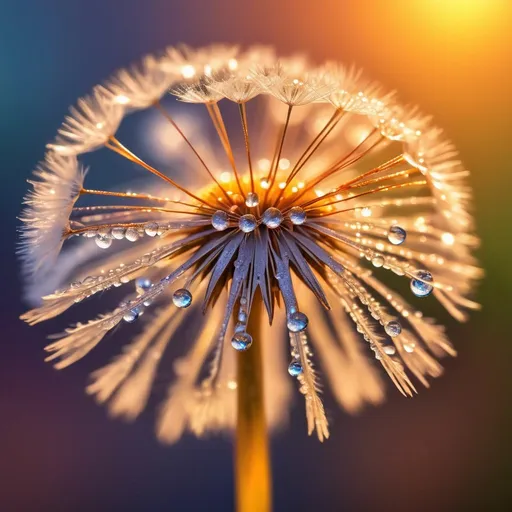 Prompt: Macro photography by Miki Asai of a dandelion in seed form adorned with minuscule dewdrops, each drop reflecting the vibrant colors of nearby flowers, backlit by the warm glow of a sunset, sharp focus on the intricate details, trending on Artstation, Greg Rutkowski style, studio photo, hyper detailed, sharp focus, intricate details, highly detailed, ultra clear.