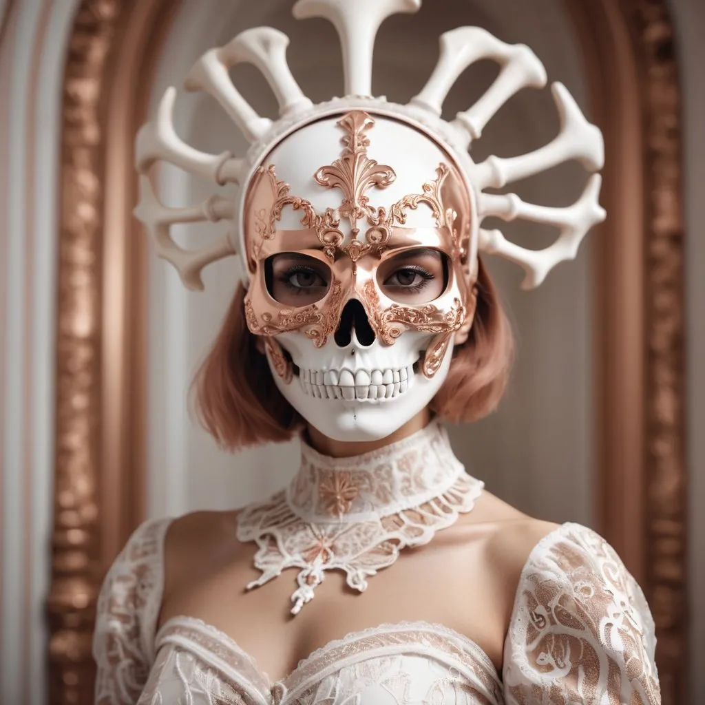 Prompt: photo portrait of a woman wearing a skull and bone mask, in the style of rose gold and white, looking at camera, frontal vogue style, dreamy symbolism, celestialpunk, baroque-inspired details, tan skin, fashion editorial, canon 50mm 1.2L, ultra details --ar 4:5 --style raw --stylize 50 --v 6.0