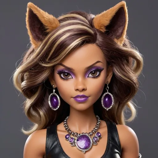 Prompt: She has brown fur with darker stripes on her arms, legs, and face, emphasizing her werewolf nature.
Hair: Her hair is long, thick, and often styled in a voluminous, wavy mane, usually in shades of dark brown or black with purple highlights.
Eyes:
 Her eyes are a striking, golden or amber color with a fierce, confident expression.
Ears: She has wolf-like ears that stick out from her head, often adorned with earrings or other accessories.
Clothing: Clawdeen’s outfits often feature edgy, fashionable elements like leather, animal prints, and bold colors, reflecting her trendsetting style.
Accessories: She frequently wears jewelry and accessories that complement her fierce and fashionable look, such as bracelets, rings, and belts.
Her overall style combines a fierce, confident attitude with a chic, modern fashion sense.
The image looks comforting but scary at the same time , the quality
lity reminds of olden times as it is dark fantasy 