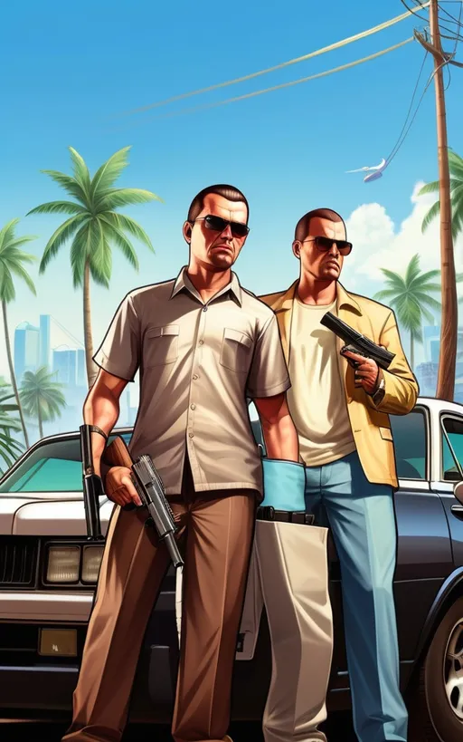 Prompt: Gta gangsters cool look poster in my back dodge car and in hand weapon,  on the road, in the background coconut trees and buildings and blue sky