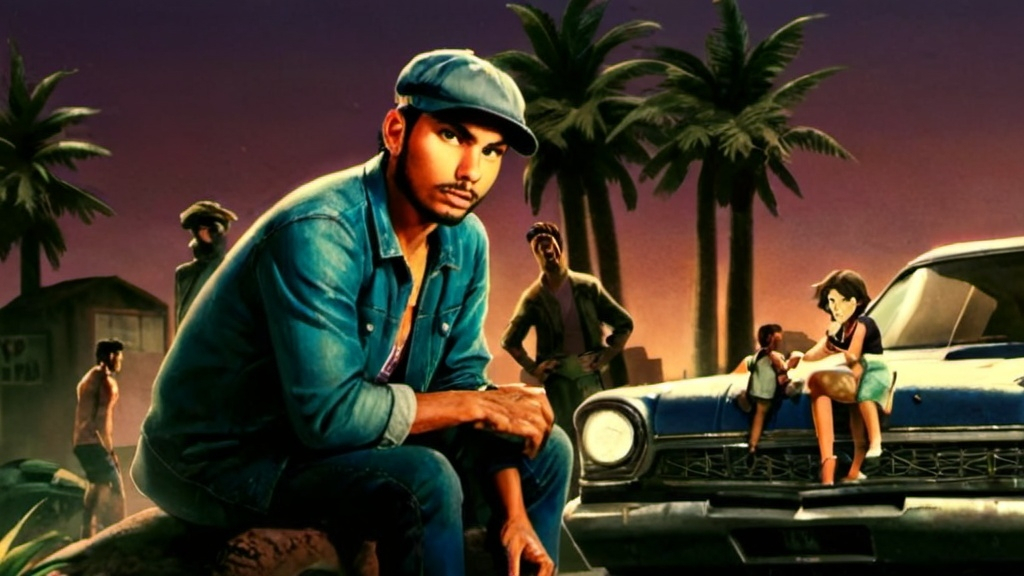 Prompt: a man sitting on top of a car in a street with palm trees in the background and a city, Americo Makk, serial art, key art, concept art