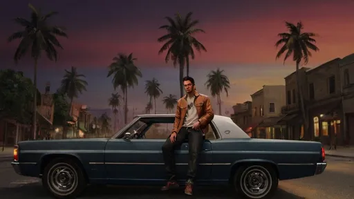 Prompt: a man sitting on top of a car in a street with palm trees in the background and a city, Americo Makk, serial art, key art, concept art