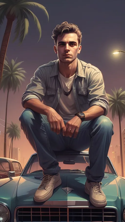 Prompt: a man sitting on top of a car in a street with palm trees in the background and a city, Americo Makk, serial art, key art, concept art