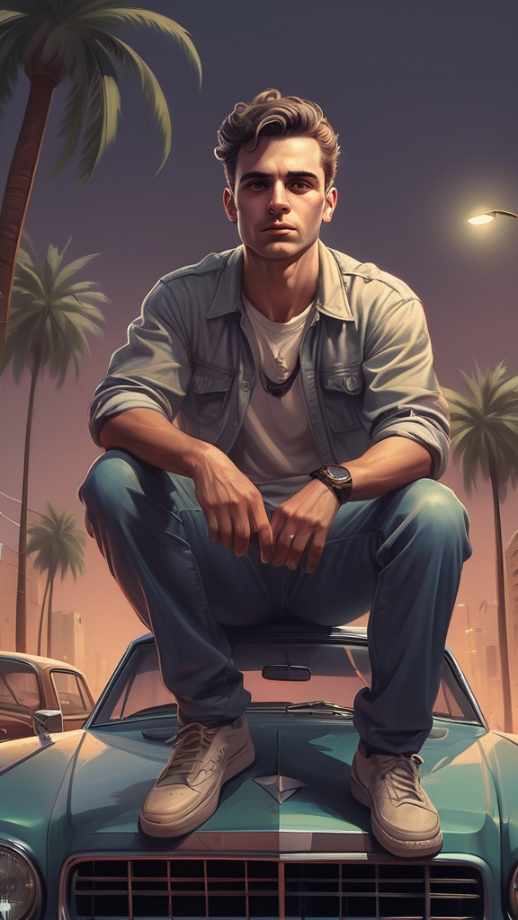 Prompt: a man sitting on top of a car in a street with palm trees in the background and a city, Americo Makk, serial art, key art, concept art