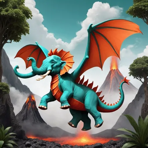 Prompt: make a volcano eruption background and use the Turquoise colored elephant dragon
