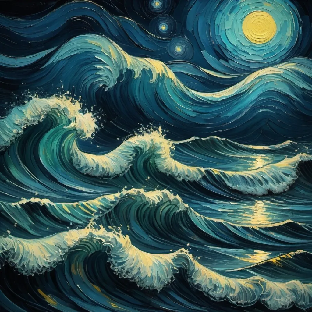 Prompt: Van gogh style Sea waves at night