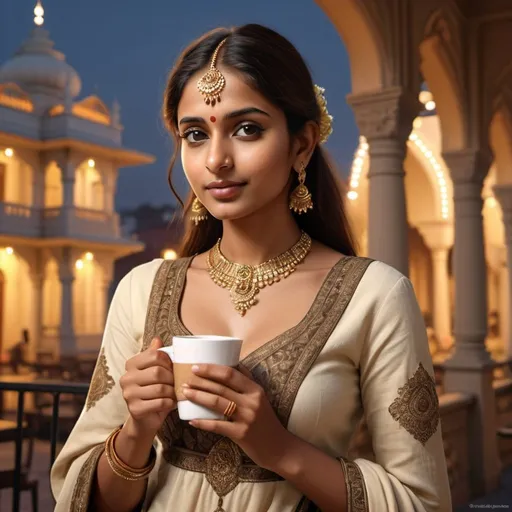 Prompt: 24-year-old Indian woman in bikinee drinking coffee in morning time , high quality, realistic 3D rendering, night scene, warm golden lighting, detailed facial features, flowing night dress, traditional Indian attire, grand architecture, historic landmark, serene expression, cultural pride, city lights casting warm glow, realistic, detailed hair, realistic skin texture, realistic lighting