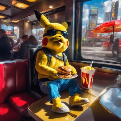 Prompt: The Terminator eating McDonalds with Pikachu, sitting in a booth, vibrant colors, vibrant, god rays, photorealistic, fuzzy Pikachu, Fluffy Pikachu, 