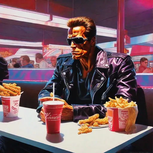 Prompt: The Terminator eating Chik Fil A, sitting in a booth, vibrant colors, vibrant, god rays, photorealistic